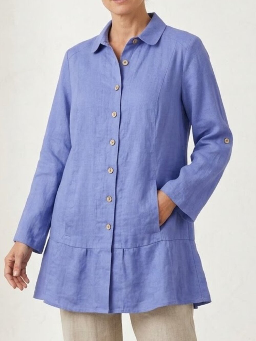 Soft Surroundings Blue 100%Linen Tunic Top Button Front Pockets Small Lagenlook